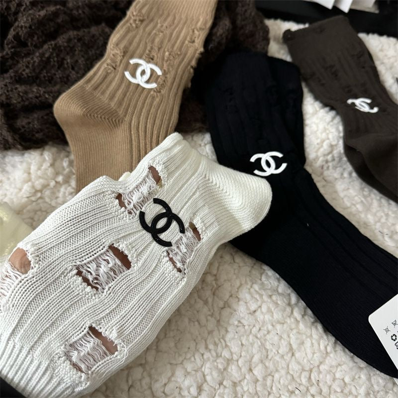 Women's Fashionable Embroidered Knitted Cotton Socks
